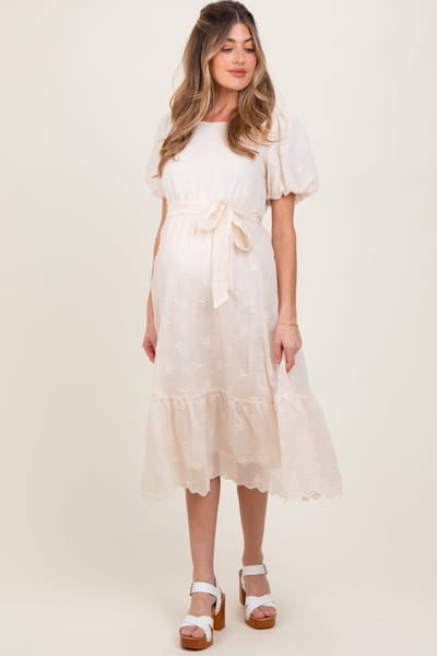 Tea N Rose Ivory Embroidered Tied Waist Short Sleeve Maternity Midi Dress