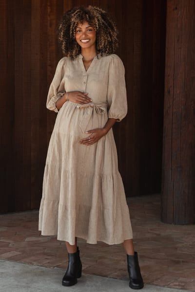 Polagram Taupe Floral Jacquard Button Front Tiered Maternity Dress