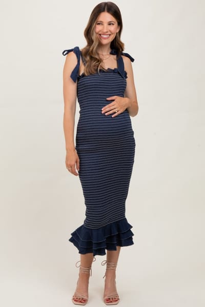 Mable Navy Striped Smocked Shoulder Tie Maternity Mid Dress