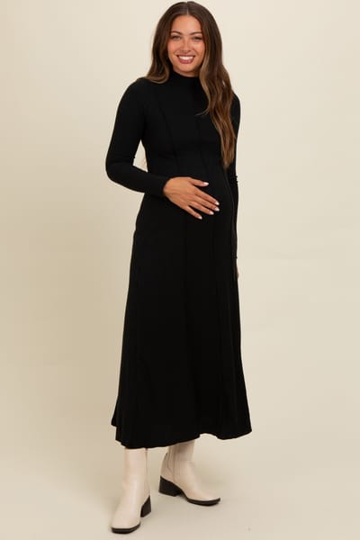 PinkBlush Black Ribbed Exposed Seam Mock Neck Maternity Dress
