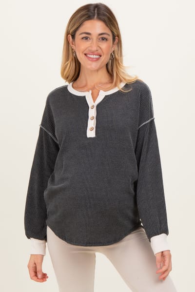 7th Ray Charcoal Textured Rib Bubble Sleeve Maternity Henley
