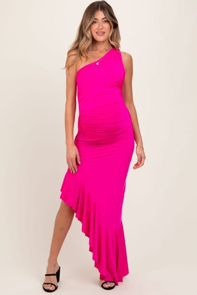 PinkBlush Fuchsia One Shoulder Asymmetrical Ruffle Maternity Dress