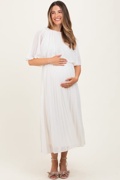 Dress Day Cream Pleated Cape Maternity Midi Dress