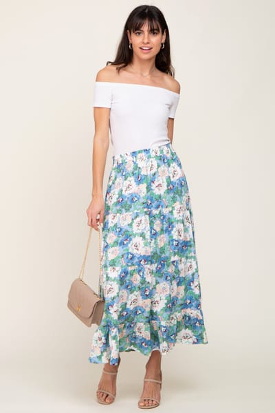 Eesome Blue Floral Tiered Maxi Skirt