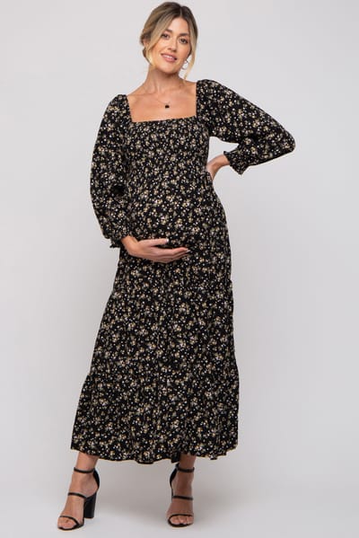 Elloh Black Floral Smocked Long Sleeve Maternity Maxi Dress