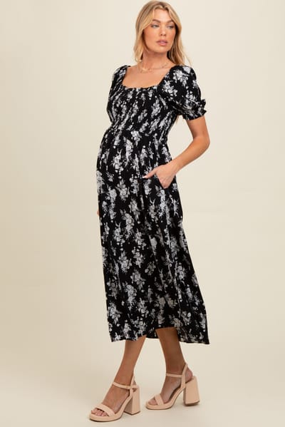Elloh Black Floral Smocked Sweetheart Neckline Maternity Midi Dress