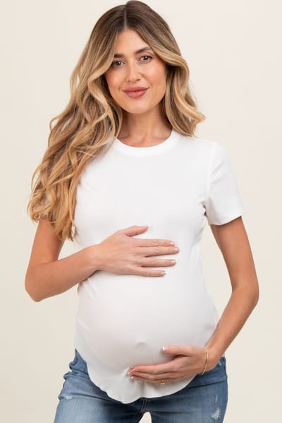 PinkBlush White Ribbed Short Sleeve Curved Hem Maternity Top