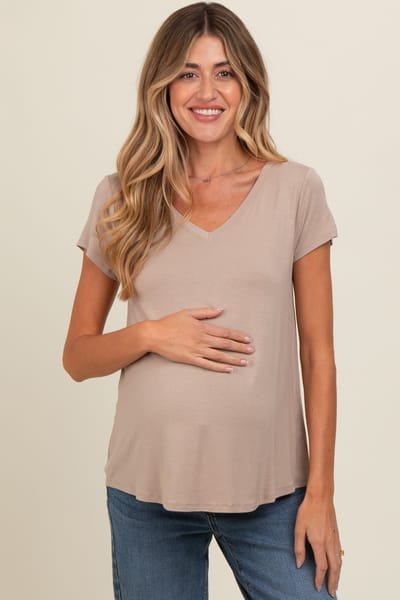 PinkBlush Mocha Basic V-Neck Short Sleeve Maternity Top