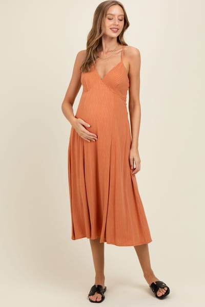 PinkBlush Rust/White Linen Striped Maternity Midi Dress