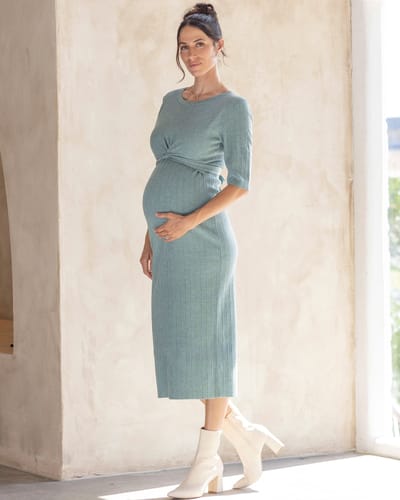 Angel Maternity Annabella Knit Maternity Midi Dress in Sage Green