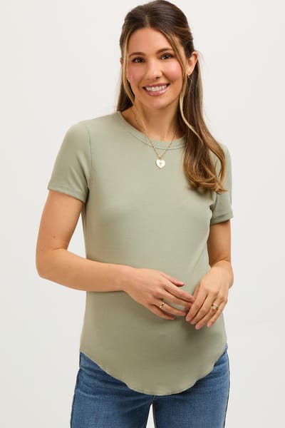 PinkBlush Light Olive Ribbed Short Sleeve Curved Hem Maternity Top
