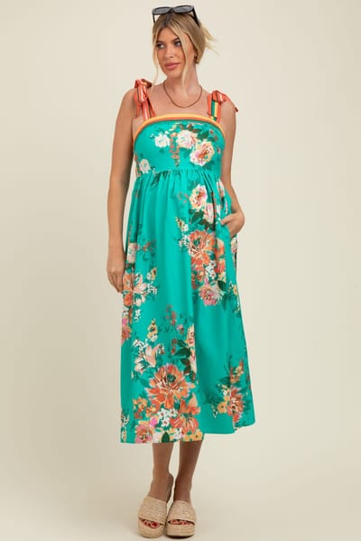 PinkBlush Turquoise Floral Contrast Shoulder Tie Maternity Midi Dress