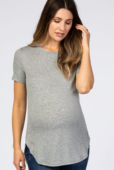 A-gain Heather Grey Ribbed Round Hem Maternity Top