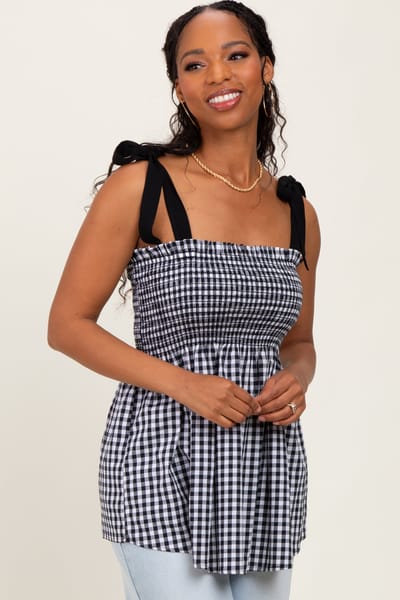 Hello Miz Black Gingham Smocked Shoulder Tie Top