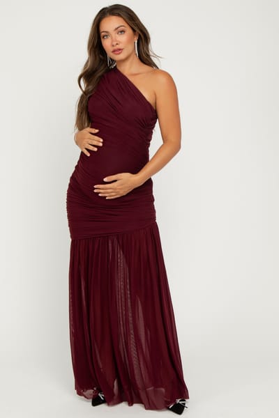 Cameo Dark Burgundy Ruched Mesh One Shoulder Maternity Maxi Dress