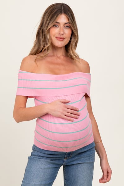 Wishlist Light Pink Striped Off The Shoulder Sweater Maternity Top