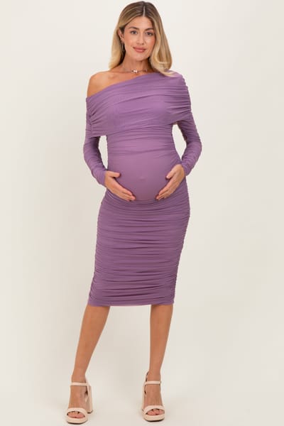PinkBlush Lavender Ruched Mesh Off Shoulder Long Sleeve Maternity Midi Dress