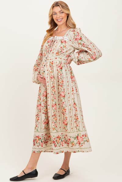 PinkBlush Cream Floral Stripe Button Down Long Sleeve Maternity Midi Dress