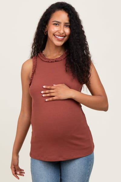 Doe & Rae Dark Rust Rib Knit Ruffle Trim Sleeveless Maternity Top