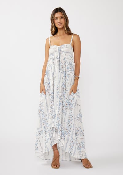 Love Stitch Light Blue Hi-Lo Spaghetti Strap Patchwork Ruffle Maxi Dress