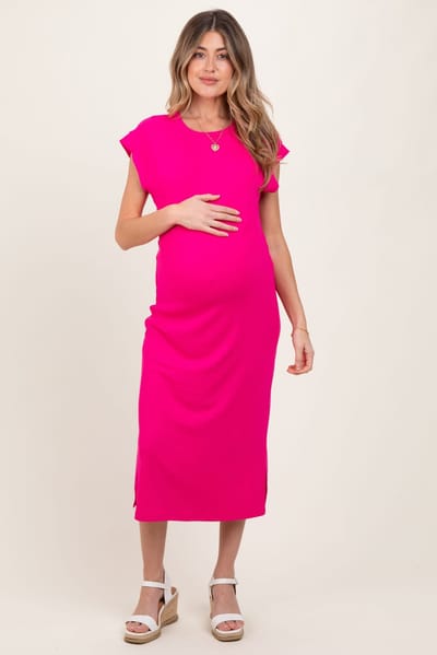 PinkBlush Fuchsia Basic Dolman Sleeve Maternity Midi Dress