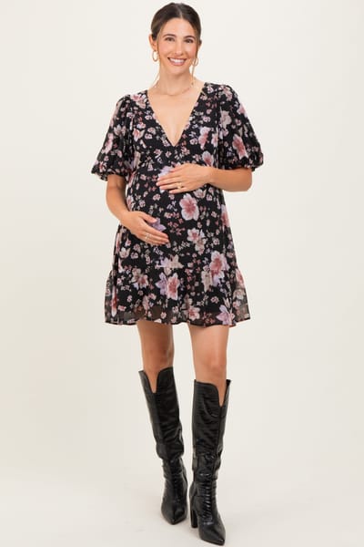 BaeVely Black Floral V-Neck Puffed Sleeve Maternity Mini Dress