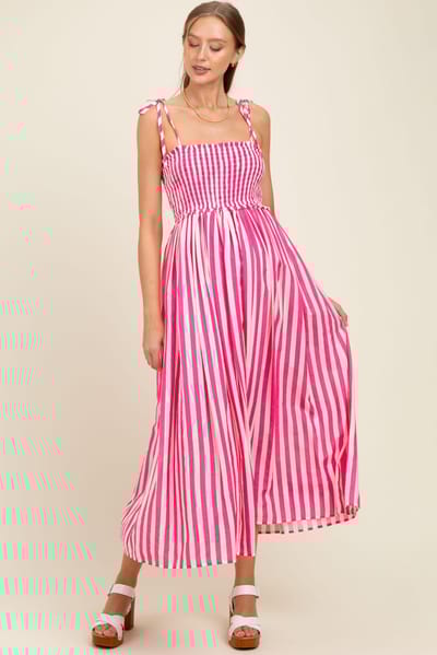 PinkBlush Pink Striped Smocked Shoulder Tie Maternity Midi Dress