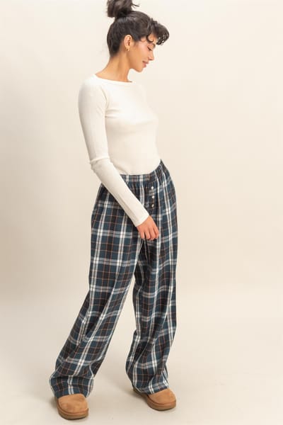 Hyfve Navy Plaid Wide Leg Lounge Pants