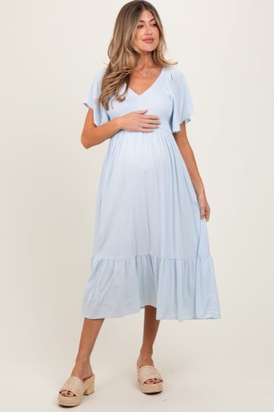 In Loom Light Blue Smocked Ruffle Maternity Dress