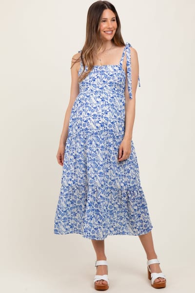 PinkBlush Blue Multi Floral Tie Strap Maternity Maxi Dress