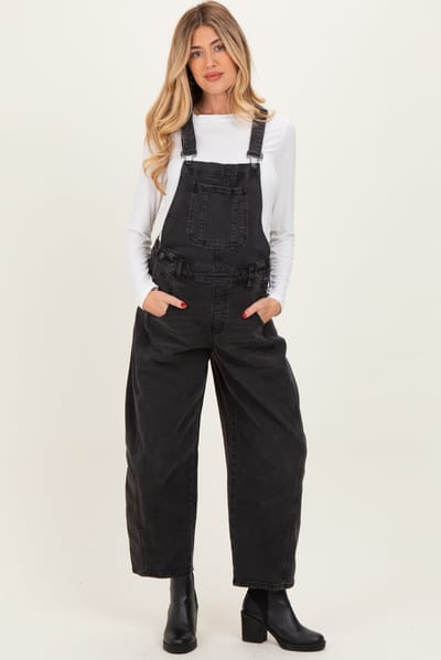 PinkBlush Black Barrel Leg Maternity Denim Overalls