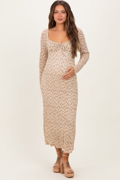 PinkBlush Beige Floral Sweetheart Neckline Long Sleeve Maternity Maxi Dress