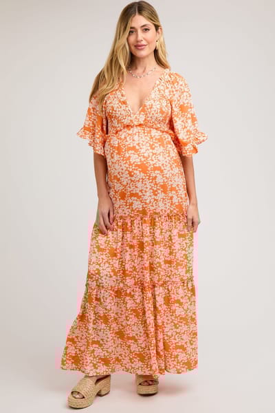 PinkBlush Orange Floral Smocked V-Neck Ruffle Tiered Maternity Maxi Dress
