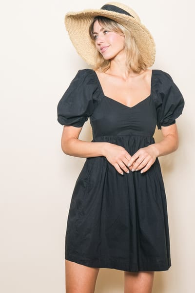 Elloh Black  Sweetheart Neckline Puff Sleeve Dress