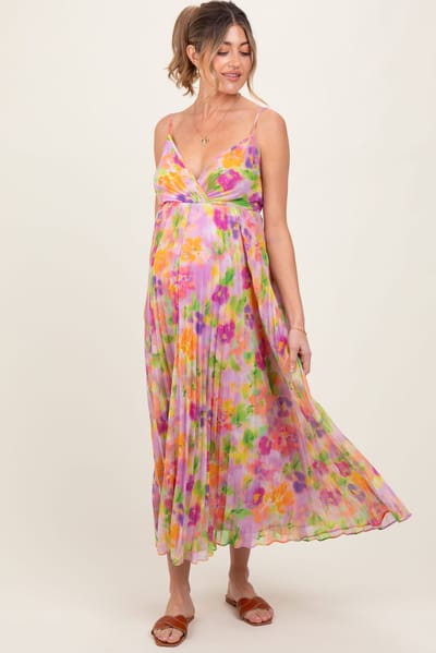 PinkBlush Lilac Floral Pleated Open Back Maternity Maxi Dress