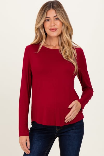 Zenana Outfitters Burgundy Flowy Round Hem Maternity Long Sleeve Top