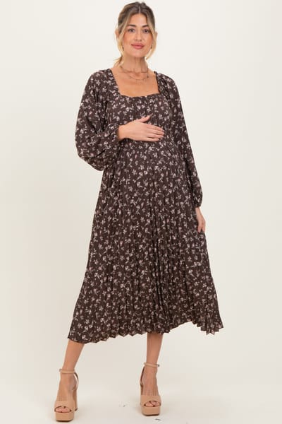 PinkBlush Brown Floral Long Sleeve Maternity Midi Dress