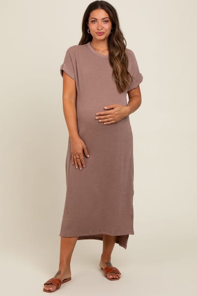 Rhea + Thea Taupe Ribbed Short Sleeve Maternity Midi Dress