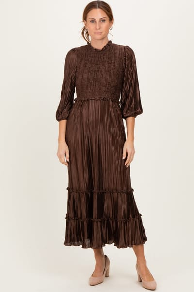 Dress Day Brown Pleated Satin Smocked Bodice Midi Dress