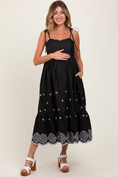 Entro Black Embroidered Shoulder Tie Maternity Midi Dress