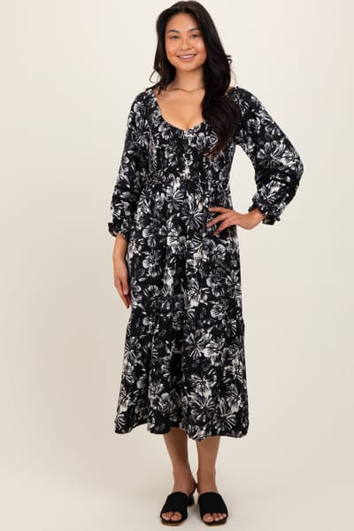 Umgee Black Floral Smocked 3/4 Sleeve Tiered Midi Dress