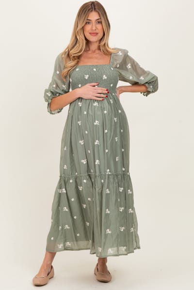 Endless Blu Light Olive Floral Embroidered Smocked 3/4 Sleeve Maternity Midi Dress