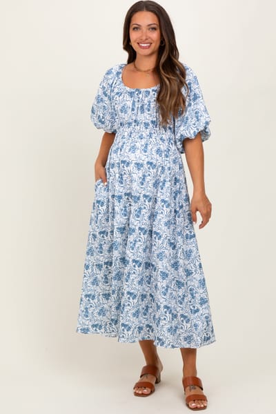 Polagram Blue Multi Printed Floral Maternity Maxi Dress