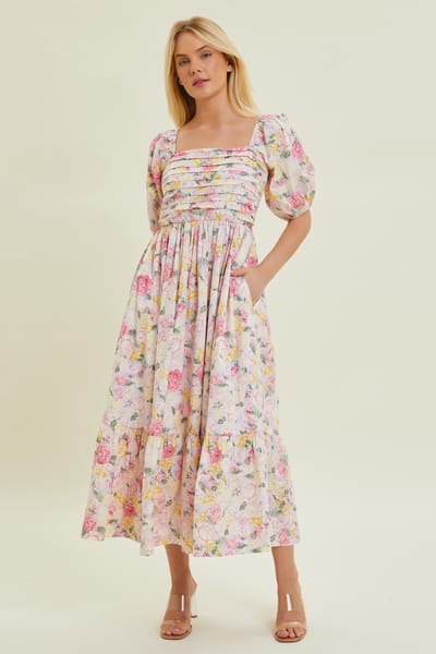 BaeVely Lavender Floral Pleated Puff Sleeve Midi Dress