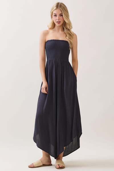 Final Touch Navy Smocked Strapless Tulip Leg Jumpsuit