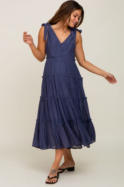 Listicle Navy Blue Linen Button Front Shoulder Tie Tiered Maternity Midi Dress