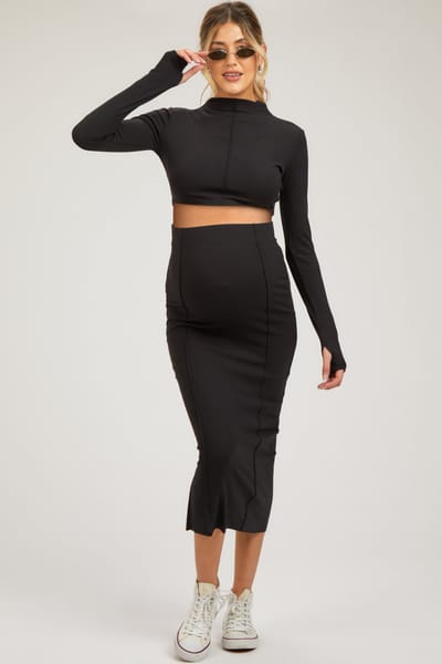 PinkBlush Black Mock Neck Long Sleeve Crop Maternity Midi Skirt Set