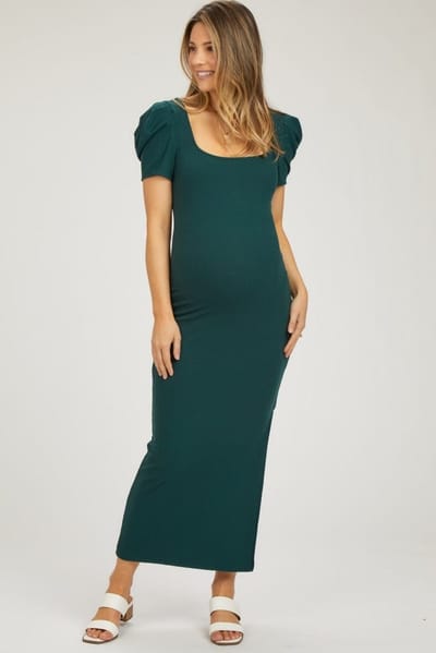 PinkBlush Hunter Green Ribbed Square Neck Side Slit Maternity Dress