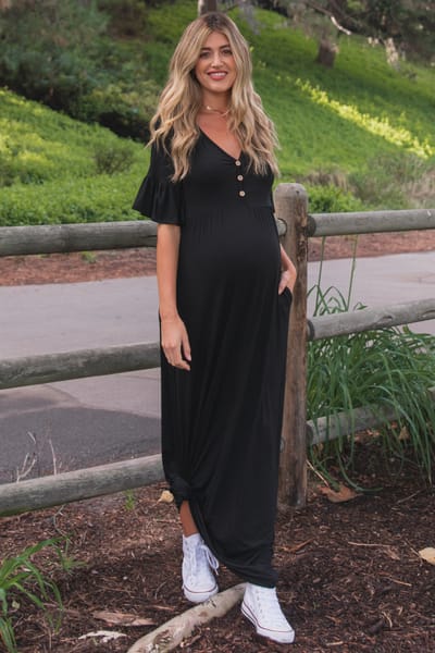 PinkBlush Black Button Ruffle Sleeve Maternity Maxi Dress