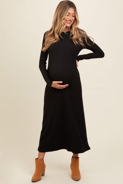 Tea N Rose Charcoal Ribbed Knit Side Slit Maternity Midi Dress